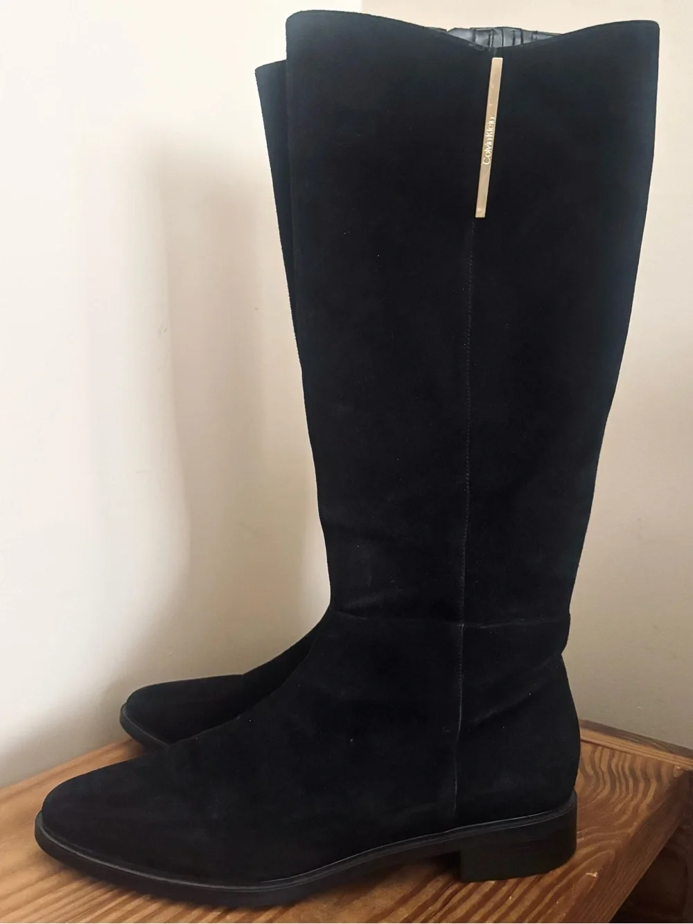 Calvin Klein Francine Over-The-Knee Black Suede Boot with Gold Accent